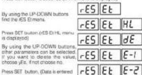 By using the UP-DOWN buttons Find the ES E1 menu. rES Et rES Et HL Press SET button (c) ES E1HL menu is displayed rES Et dE By using the UP-DOWN buttons, other parameters can be selected. If you want to choose the value, choose Yes, if not choose no. rES Et E-1 Press SET button. (Date is entered button)