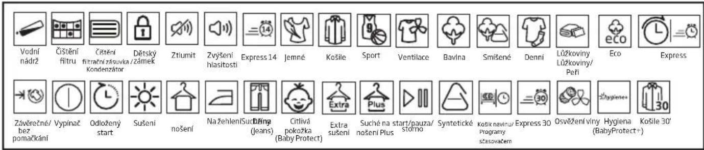 Vodní nádrž Čištění filtru Čištění filtrační zásuvka / Zámek Kondenzátor Dětský Ztiumit Zvýšení hlasitosti Express 14 Jemné Košile Sport Ventilace Bavlna Smišené Denní Lůžkoviny Lůžkoviny/ Peří Eco Express Závěrečné/ bez pomačkání Vypínač Odložený start Sušení nošení Na žehlení Suchlžing (Jeans) Citlivá pokožka (Baby Protect) Extra sušení Suché na nošení Plus Start/pauza/ storno Syntetické Kosik navinu Programy stasovačem Express 30 Osvěžení vlny Hygiena (BabyProtect+) Košile 30'