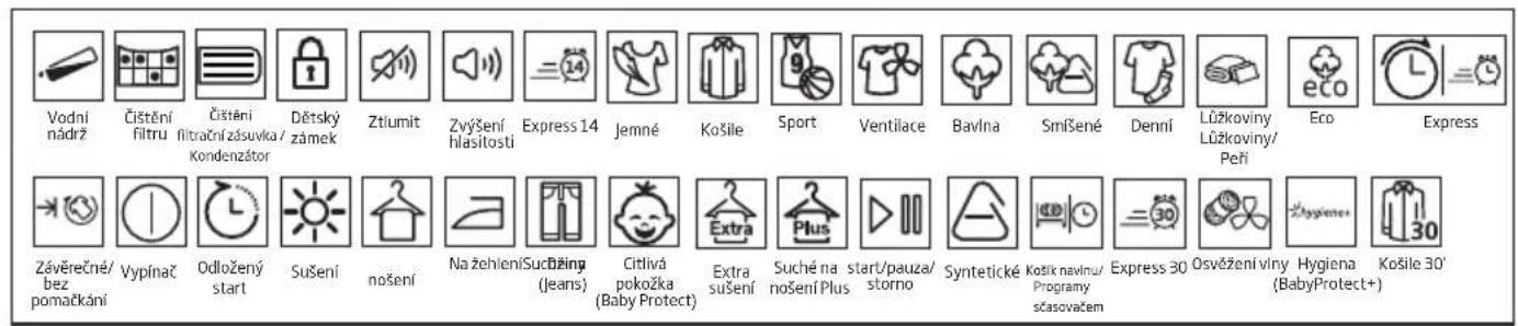 Vodni nádrž Čištění filtru Čištění filtrační zásuvka / Kondenzátor Dětský zámek Ztiumit Zvyšení hlasitosti Express 14 Jemné Košile Sport Ventilace Bavlna Smíšené Denní Lůžkoviny Lůžkoviny/ Peří Eco Express Závěrečné/ bez pomačkání Vypínač Odložený start Sušení nošení Na žehlení Suchžing (Jeans) Citlivá pokožka (Baby Protect) Extra sušení Suché na nošení Plus start/pauza/ storno Syntetické Košik navlnu/ Programy sčasovačem Express 30 Osvěžení vlny Hygiena (BabyProtect+) Košile 30'