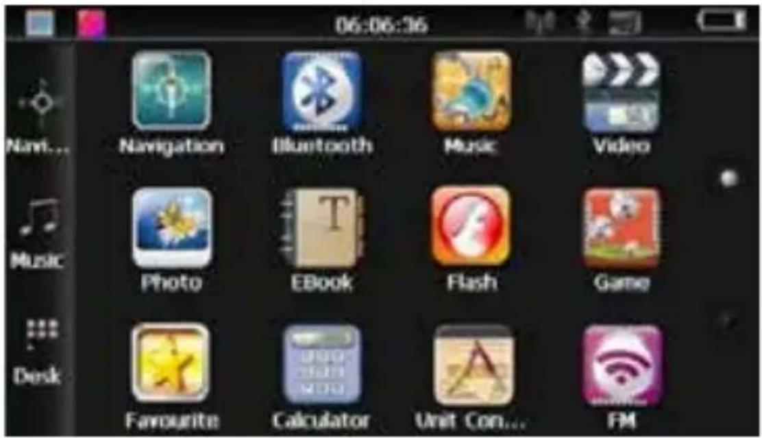 06:06:36 Navigation Bluetooth Music Video Photo EBook Flash Game Favourite Calculator Unit Con... FM