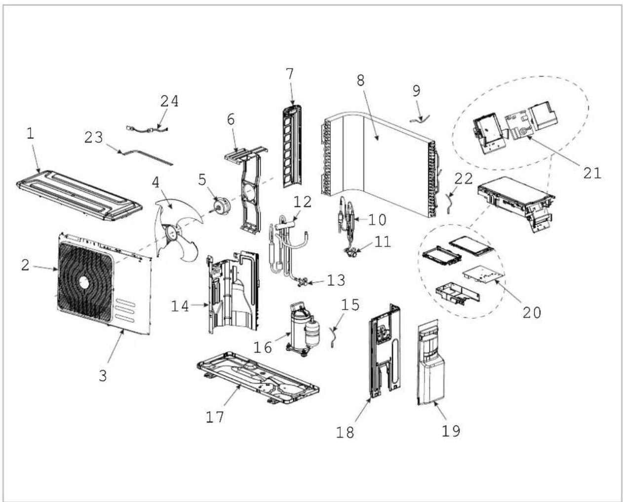 Exploded view diagram of a household air conditioner unit with numbered parts for identification