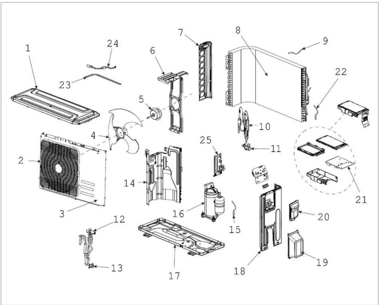 Exploded view diagram of a household air conditioner system with numbered components