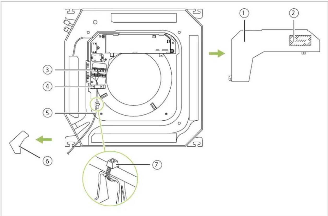 Technical diagram of a device internal structure with numbered components and exploded view, showing assembly steps.