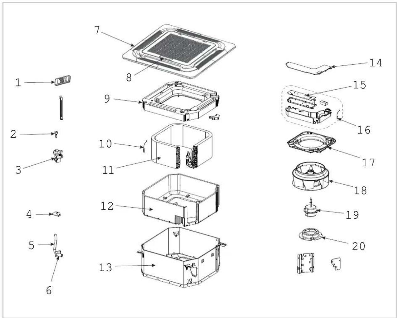 Exploded view diagram of a device with numbered parts, showing internal components and assembly steps.
