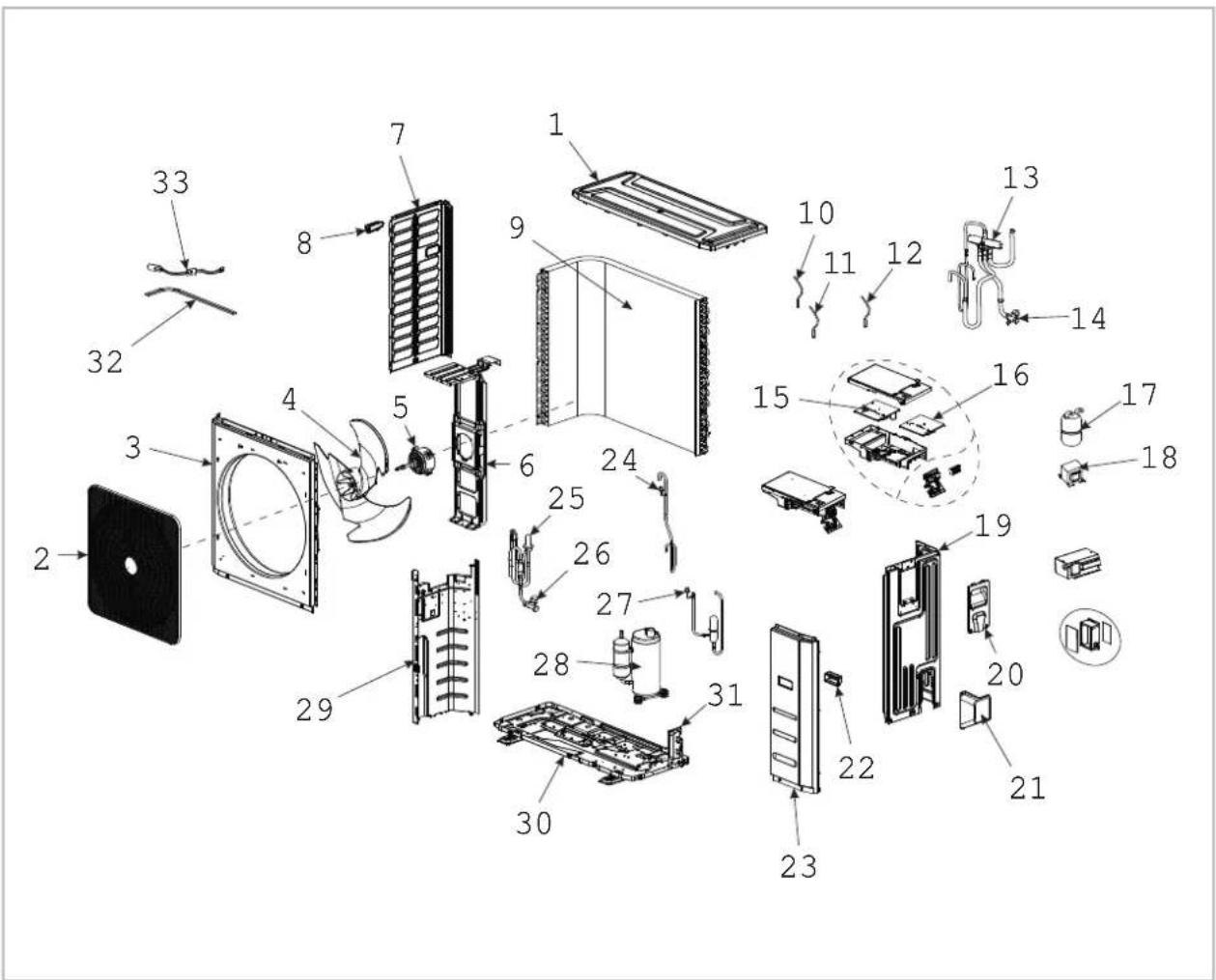 Exploded view diagram of household appliances with numbered parts for identification