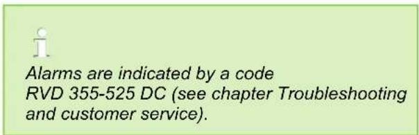 Alarms are indicated by a code RVD 355-525 DC (see chapter Troubleshooting and customer service).