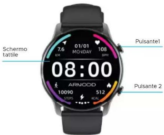 Schermo tattile 7.6 01/01 MONDAY 108 BPM 08:00 Pulsante1 ARNODD 10090 STEPS 512 REAL Pulsante 2
