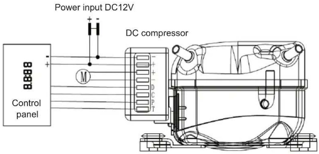 Power input DC12V DC compressor Control panel M + - + - DC P T