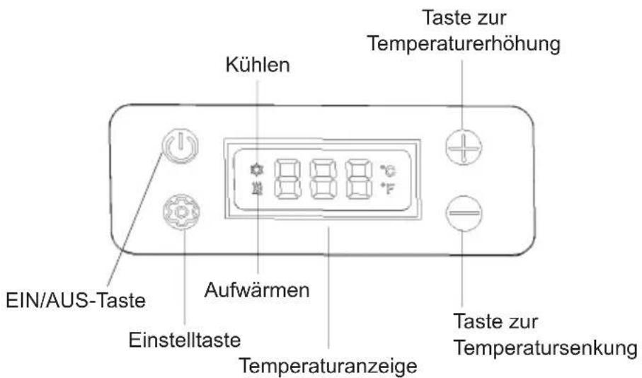 Kühlen Taste zur Temperaturerhöhung EIN/AUS-Taste Aufwärmen Einstelltaste Temperaturanzeige Taste zur Temperatursenkung