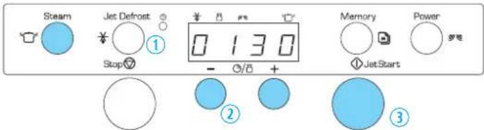 Steam Jet Defrost Stop ① ¥ 130 - ○/○ + ② Memory JetStart Power ③