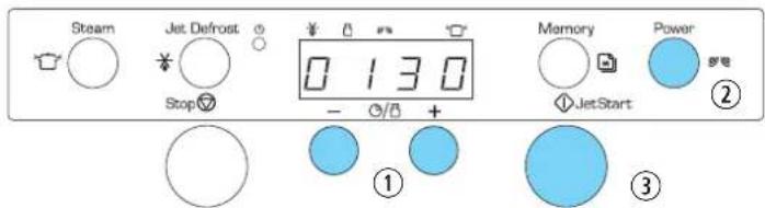 Steam Jet Defrost Stop 0 1 3 0 - ●/○ + Memory ● JetStart Power ② ① ③