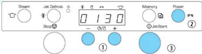 Steam Jet. Defrost Stop 0 1 3 0 - + Memory JetStart Power ② ① ③