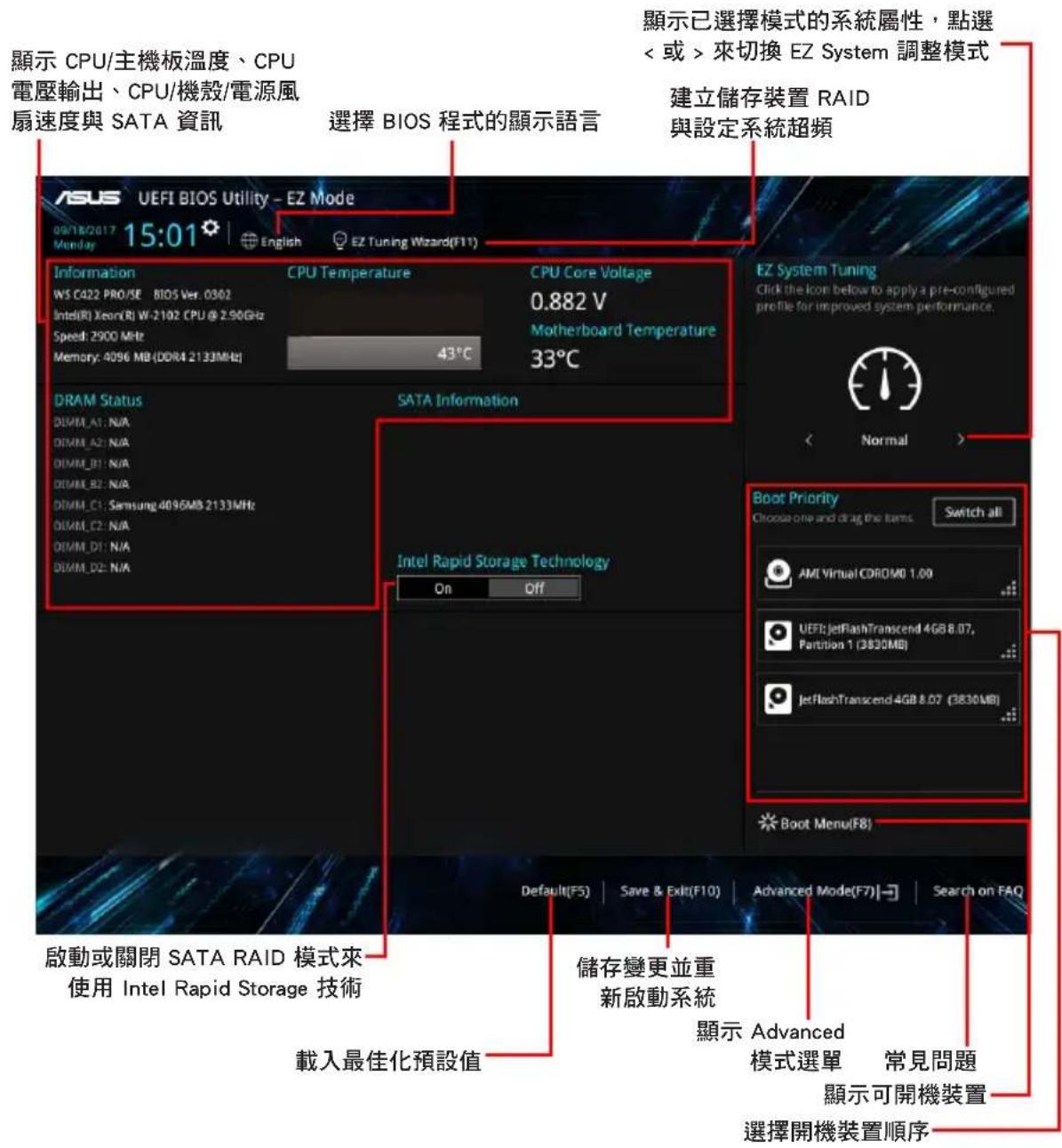 顯示 CPU/主機板溫度、CPU 電壓輸出、CPU/機殼/電源風 扇速度與 SATA 資訊 選擇 BIOS 程式的顯示語言 顯示已選擇模式的系統屬性，點選 < 或 >來切換 EZ System 調整模式 建立儲存裝置 RAID 與設定系統超頻 ASUS UEFI BIOS Utility - EZ Mode 09/18/2017 15:01 English EZ Tuning Wizard(F11) Information CPU Temperature CPU Core Voltage WS C422 PRO/SE BIOS Ver. 0362 0.882 V Intel(R) Xeon(R) W-2102 CPU @ 2.50GHz Motherboard Temperature Speed: 2900 MHz 43°C 33°C Memory: 4096 MB (DDR4 2133MHz) DRAM Status SATA Information DIMM_A1: N/A Intel Rapid Storage Technology On Off Intel Rapid Storage Technology Boot Priority Choose one and drag the items Switch all AMI Virtual CDROM0 1.00 UEFI:jetFlashTranscend 4GB 8.07, Partition 1 (3830MB) JetFlashTranscend 4GB 8.07 (3830MB) Boot Menu(F8) Default(F5) Save & Exit(F10) Advanced Mode(F7) Search on FAQ 啟動或關閉 SATA RAID 模式來 使用 Intel Rapid Storage 技術 載入最佳化預設值 儲存變更並重 新啟動系統 顯示 Advanced 模式選單 常見問題 顯示可開機裝置 選擇開機裝置順序