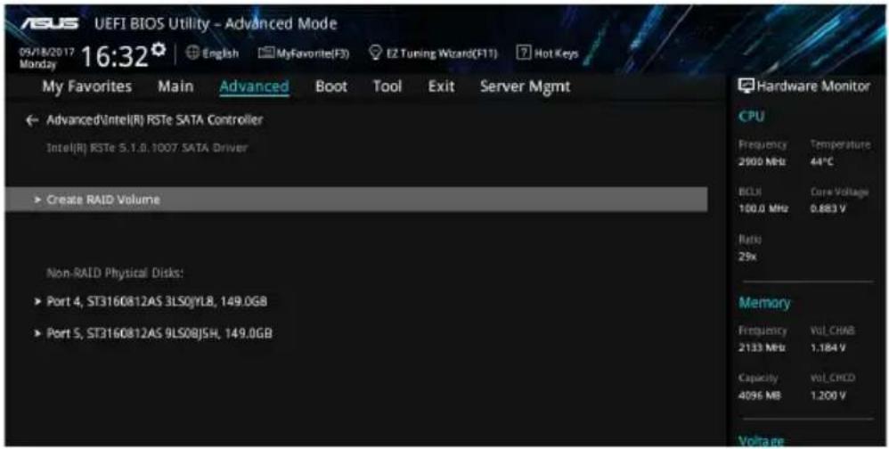 UEFI BIOS Utility - Advanced Mode 09/18/2017 16:32 Monday My Favorites Main Advanced Boot Tool Exit Server Mgmt Advanced\Intel(R) RSTe SATA Controller Intel(R) RSTe 5.1.0, 1007 SATA Driver ► Create RAID Volume Non-RAID Physical Disks: ► Port 4, ST3160812AS 3LS0YL8, 149.0GB ► Port 5, ST3160812AS 9LS08J5H, 149.0GB Hardware Monitor CPU Frequency Temperature 2900 MHz 44°C BCLI Core Voltage 100.0 MHz 0.883 V Ratio 29x Memory Frequency Vol_CHAB 2133 MHz 1.184 V Capacity Vol_CNCO 4096 MB 1.200 V Voltage