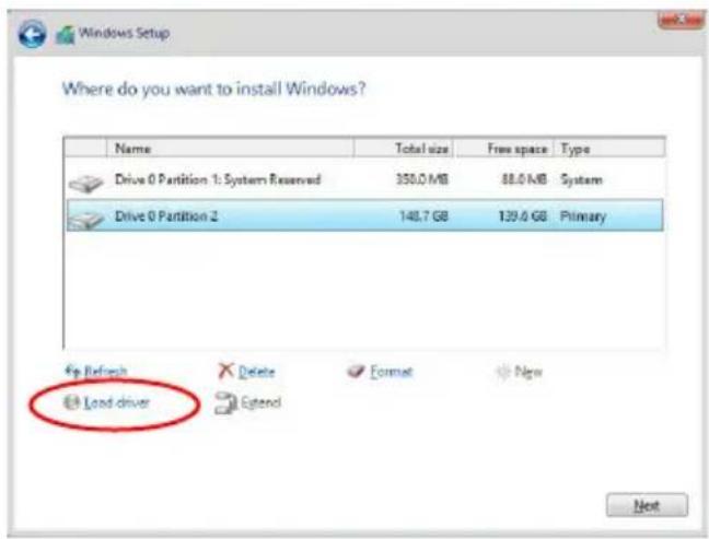 Where do you want to install Windows? Name Total size Free space Type Drive 0 Partition 1: System Reserved 350.0 MB 88.0 MB System Drive 0 Partition 2 148.7 GB 139.0 GB Primary Up Refresh Delete Format New Load driver Next