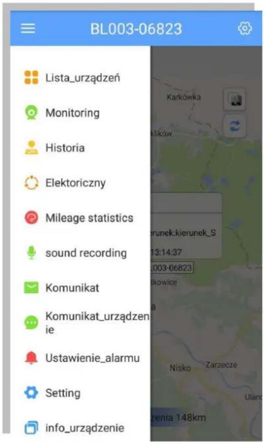 BL003-06823 Lista_urządzeń Monitoring Historia Elektoriczny Mileage statistics sound recording Komunikat Komunikat_urządzenie ie Ustawienie_alarmmu Setting info_urządzenie