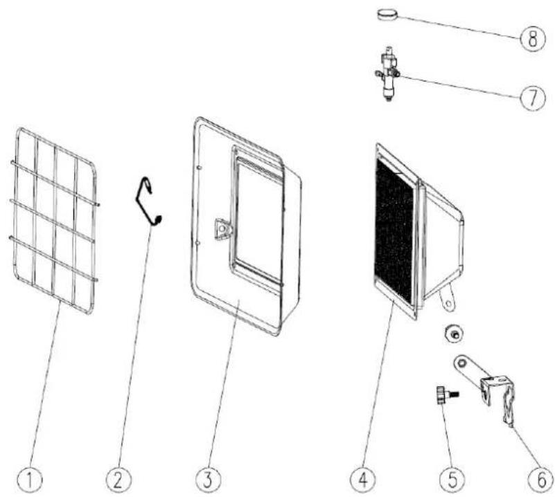 Exploded view diagram of a solar panel assembly with numbered parts for identification