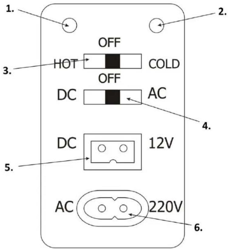 1. OFF HOT COLD DC AC 3. 4. 5. DC 12V 6. AC 220V