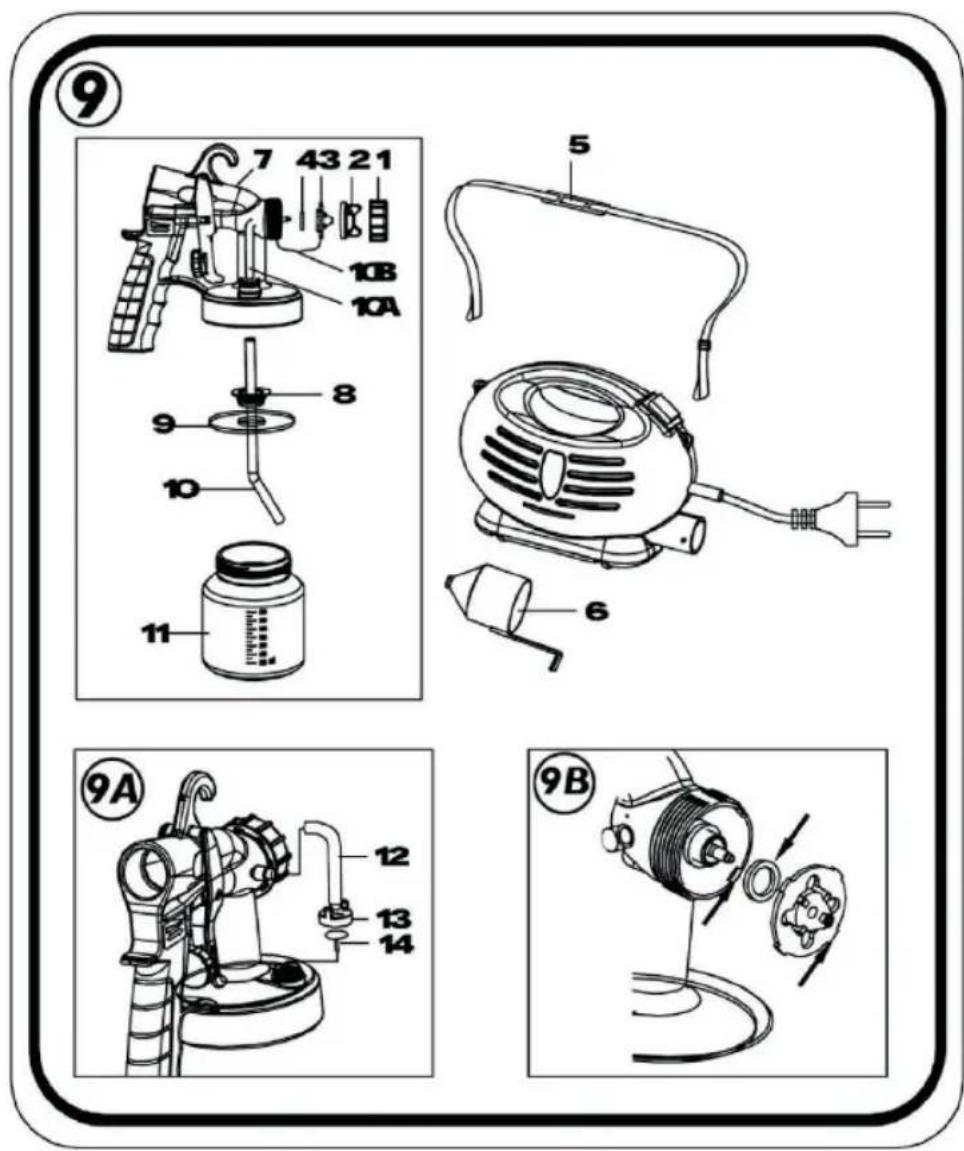 Technical diagram showing exploded and assembled views of a spray gun assembly with numbered parts and labeled parts.