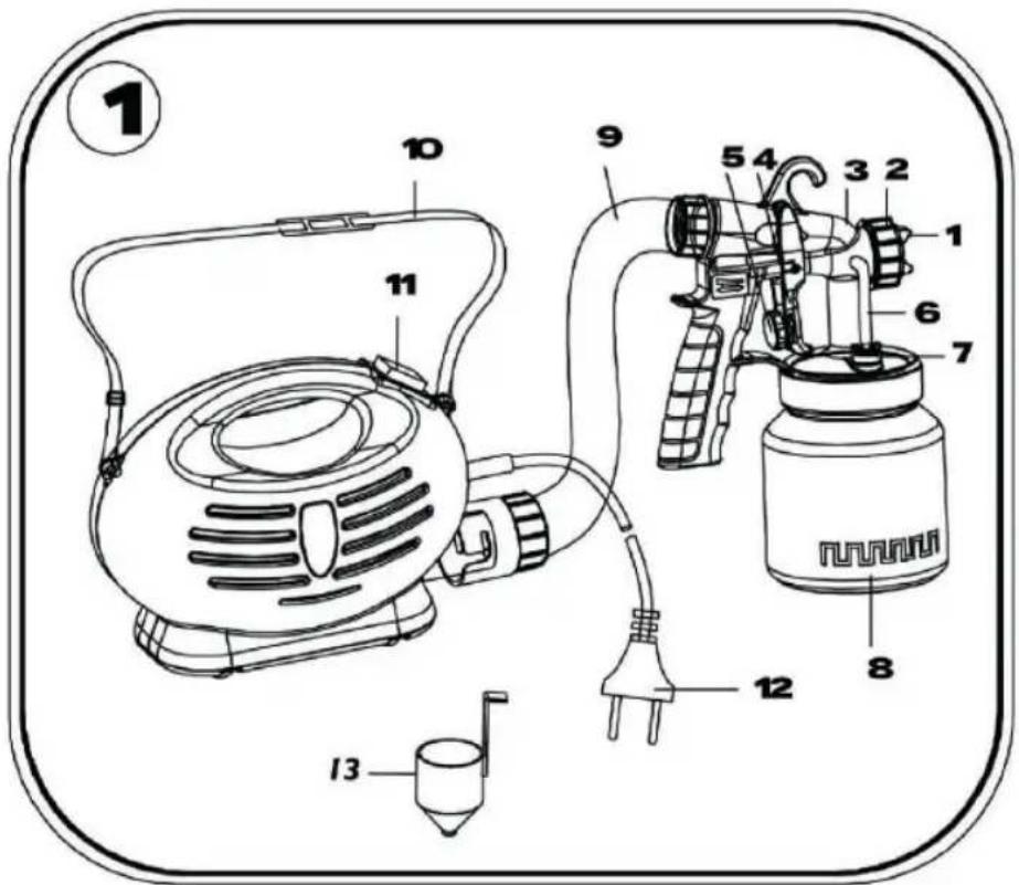 Technical diagram of a spray gun with numbered parts for identification