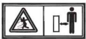 Safety warning sign showing a person inside a triangle with a pictogram and a right-hand panel with a person crossing a barrier.