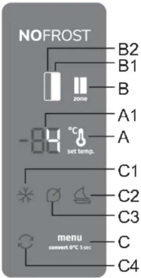 NOFROST B2 B1 zone A1 -84 °C set temp. A C1 C2 C3 menu convert 0°C 5sec C C4
