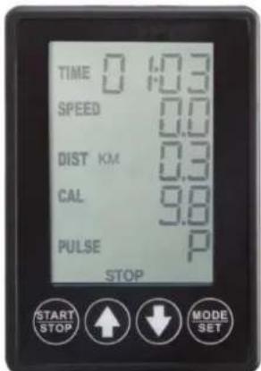 TIME 0 1.0.3 SPEED 0.0 DIST KM 0.0 CAL 9.8 PULSE P STOP START STOP ↑ ↓ MODE SET