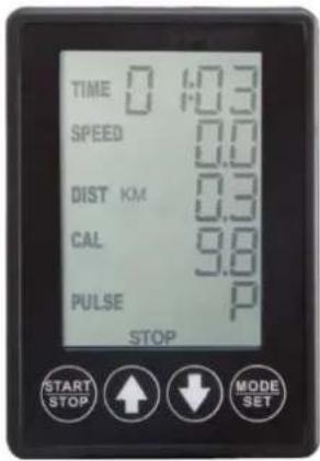 TIME 0 1.03 SPEED 0.0 DIST KM 0.3 CAL 9.8 PULSE P STOP START STOP ↑ ↓ MODE SET