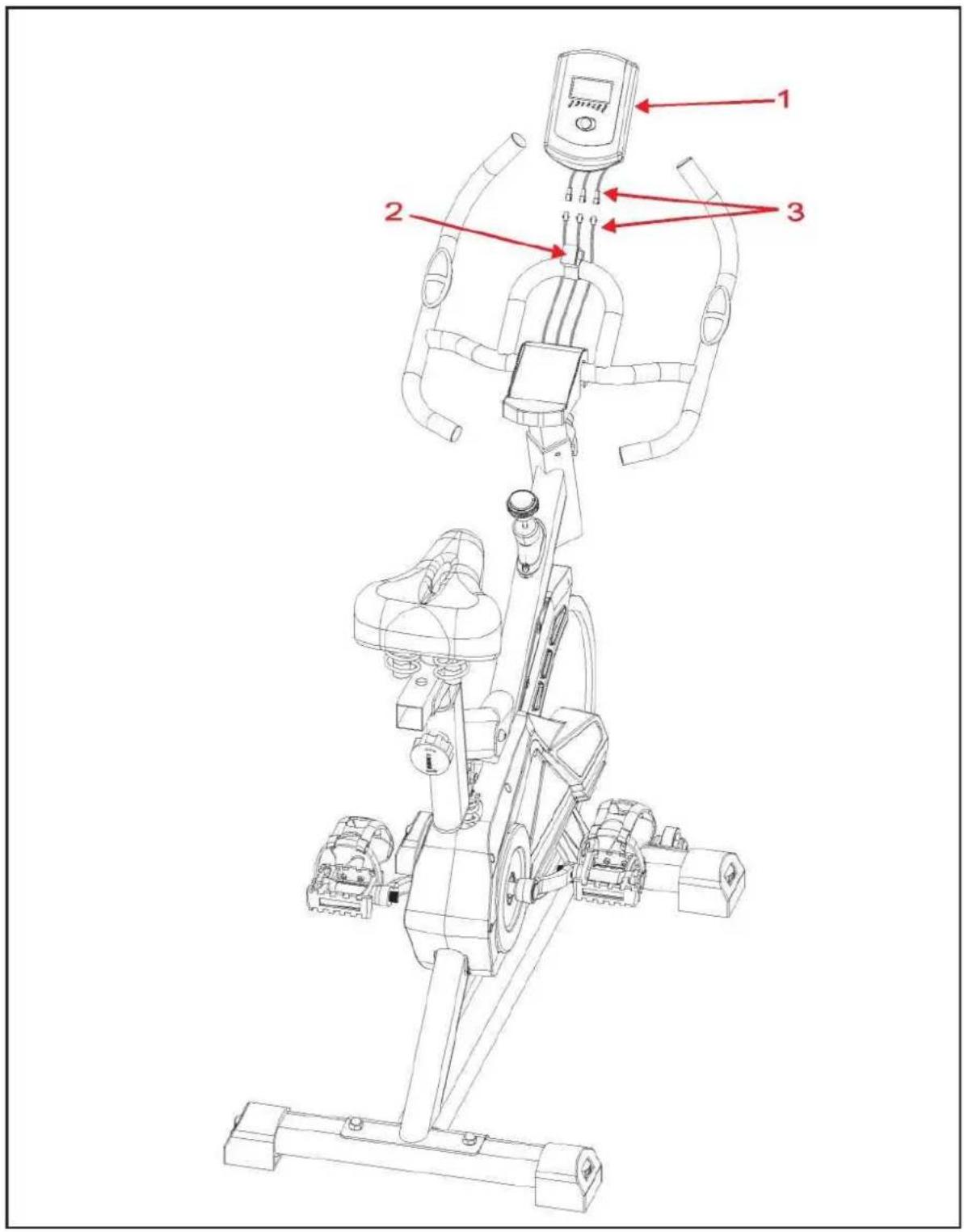 Technical diagram of a stationary exercise machine with labeled components and red annotations pointing to parts 1, 2, and 3.