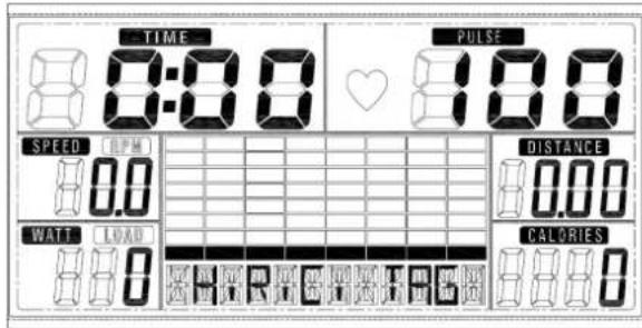 TIME 0:00 PULSE 100 SPEED RPM 80.0 DISTANCE 0.00 WATT LOAD CALORIES 8.0