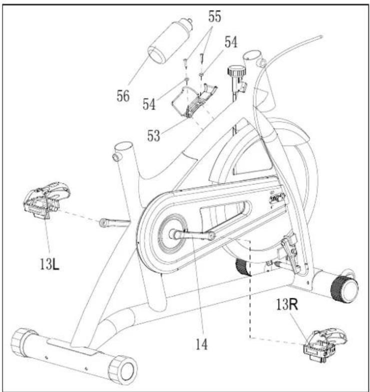 Technical diagram of a stationary exercise bike with labeled components and parts