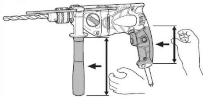 Technical diagram showing a drill bit being inserted into a tool, with arrows indicating force direction and measurement scale.