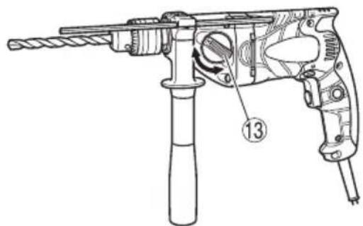 Technical diagram of a drill bit with labeled parts and directional arrow indicating motion