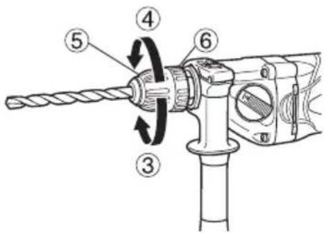 Technical diagram of a drill bit with numbered parts and directional arrows indicating motion or operation