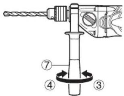 Technical diagram of a drill bit with numbered components and directional arrows indicating motion or operation.