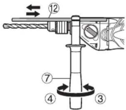 Technical diagram of a mechanical assembly with numbered components and directional arrows indicating motion or force.