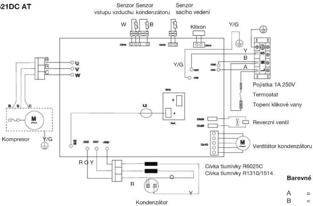 21DC AT Senzor Senzor vstupu vzduchu kondenzátoru Senzor sacího vedení W B CN16 CN15 Klixon GN14 Y/G Y B A Pojistka 1A 250V Termostat Topení klikové vany Reverzní ventil M Ventilátor kondenzátoru R S C M Kompresor Y/G L2 3 4 NA CN28 CN25 CN10 R O Y Cívka tlumivky R6025C Cívka tlumivky R1310/1514 Barevné c A = B =