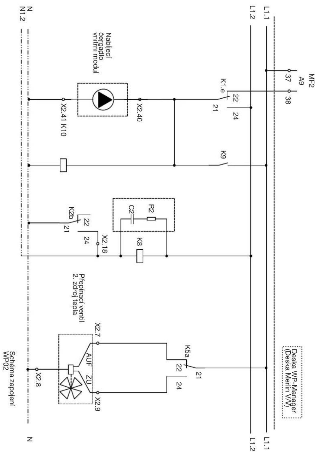 NMI.2 N X2.8 X2.7 AuF Zn X2.9 Schenna zapojenir WP02 N X2.18 K2b 21 24 Prepinacı ventil 2. zdrój terpla X2.41 K10 Nabiléci cerpadlo vintmi model X2.40 K2 24 K9 K1.6 21 22 38 AF9 MFI2 Deska WP-Manager (Deska Merlin Vw) L1.1 L1.2 L1.1 L1.2