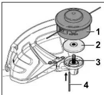 Technical diagram of a mechanical assembly with numbered components and directional arrows indicating motion or assembly.