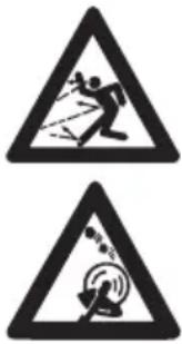 Two triangular warning signs: one showing a person falling with a broken line, the other showing a broken object with a circular mark.