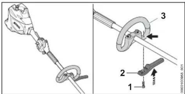 Technical diagram showing a cable clamp tool with labeled parts and a close-up view of the component being adjusted.