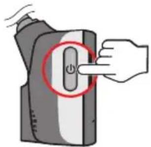 Diagram showing a hand pressing a button labeled '按钮' (button) on a device, with motion lines indicating movement.