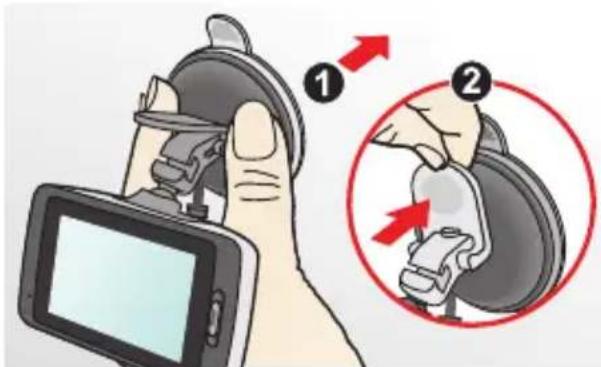 Diagram showing a hand holding a camera with two steps: first to press camera, second to press device, both with red arrows indicating action.