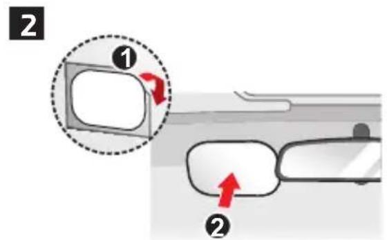 Diagram showing two labeled parts (① and ②) with arrows indicating movement or transformation, likely illustrating a mechanical or architectural concept.