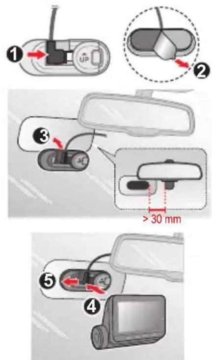 Diagram illustrating car rearview mirror and TV cable installation steps with labeled components and distance annotation