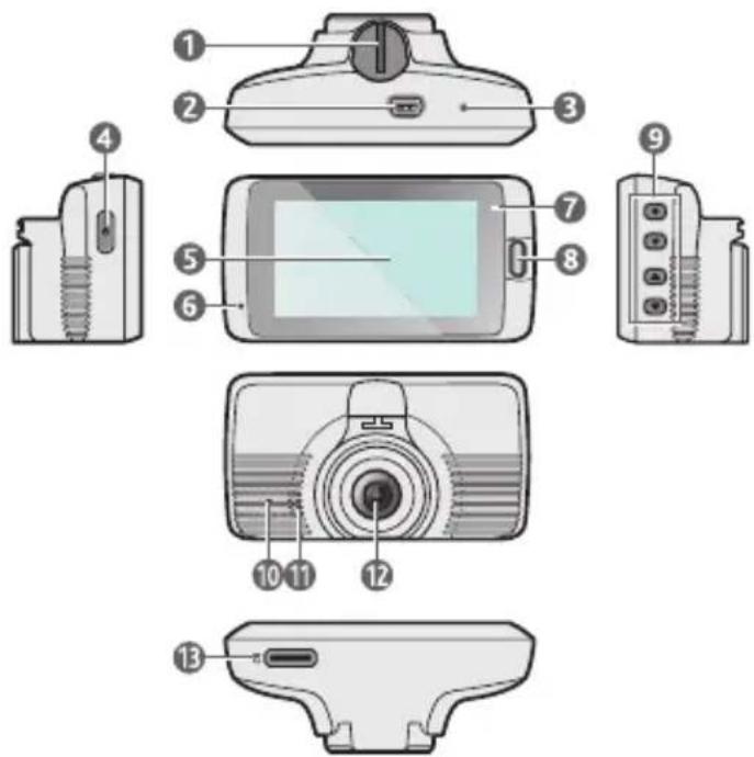 Diagram of a digital camera with numbered parts for identification and assembly reference.