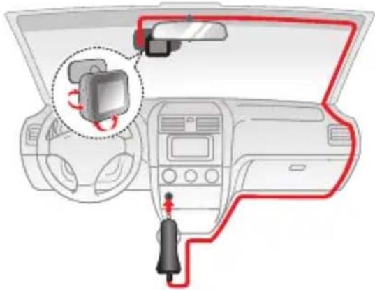 Diagram showing car interior with sensor placement and camera view, highlighting a device's rotation around the dashboard.
