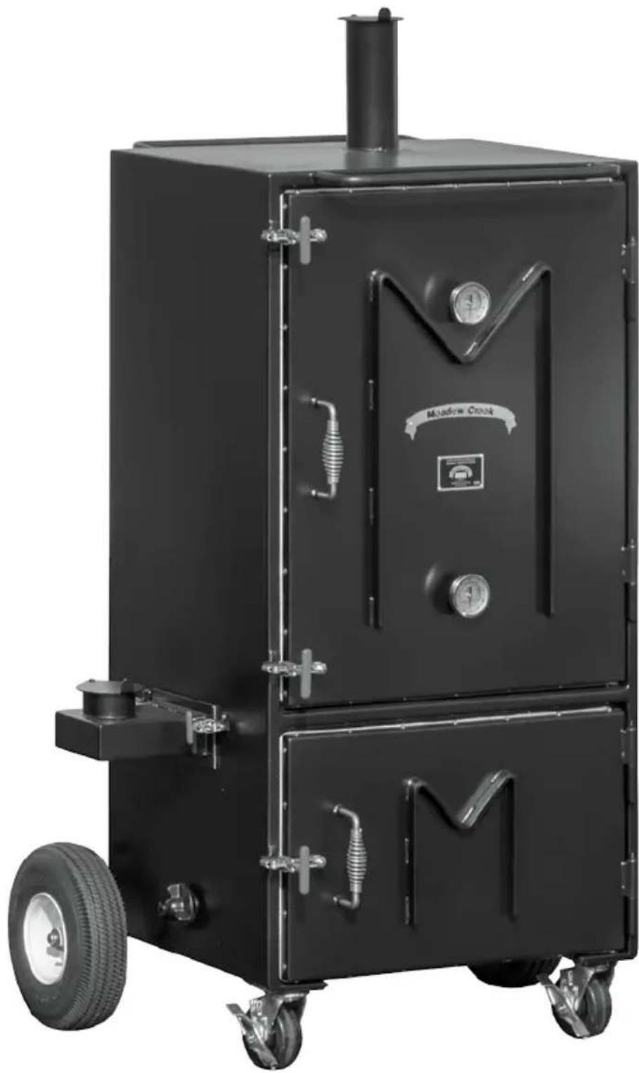 Black industrial oven with mounted vats and a handle, labeled 'Meadow Creek' (no other text or symbols visible)