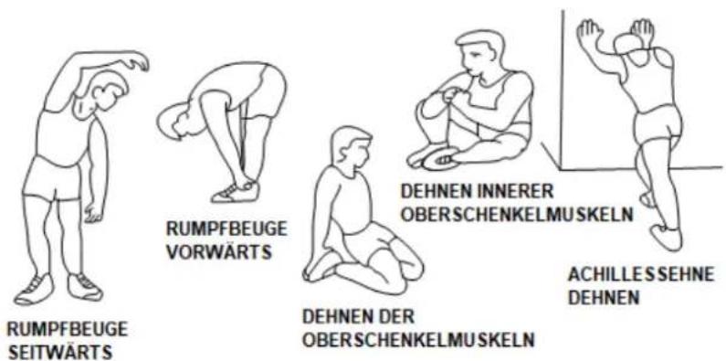 RUMPFBEUGE SEITWÄRTS RUMPFBEUGE VORWÄRTS DEHNEN INNERER OBERSCHENKELMUSKELN ACHILLESSEHNE DEHNEN DER OBERSCHENKELMUSKELN ACHILLESSEHNE DEHNEN