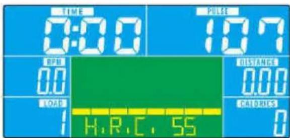 TIME 0:00 PULSE 10:7 RPM 0.0 DISTANCE 0.00 LOAD 1 H.R.C. 55 CALORIES 0